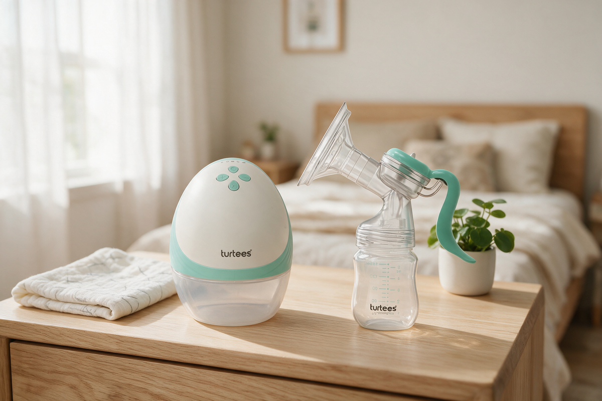 Turtees wearable breast pump next to the Turtees manual breast pump