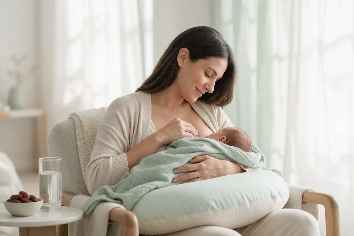 Mother breastfeeding her newborn in an armchair with a nursing pillow