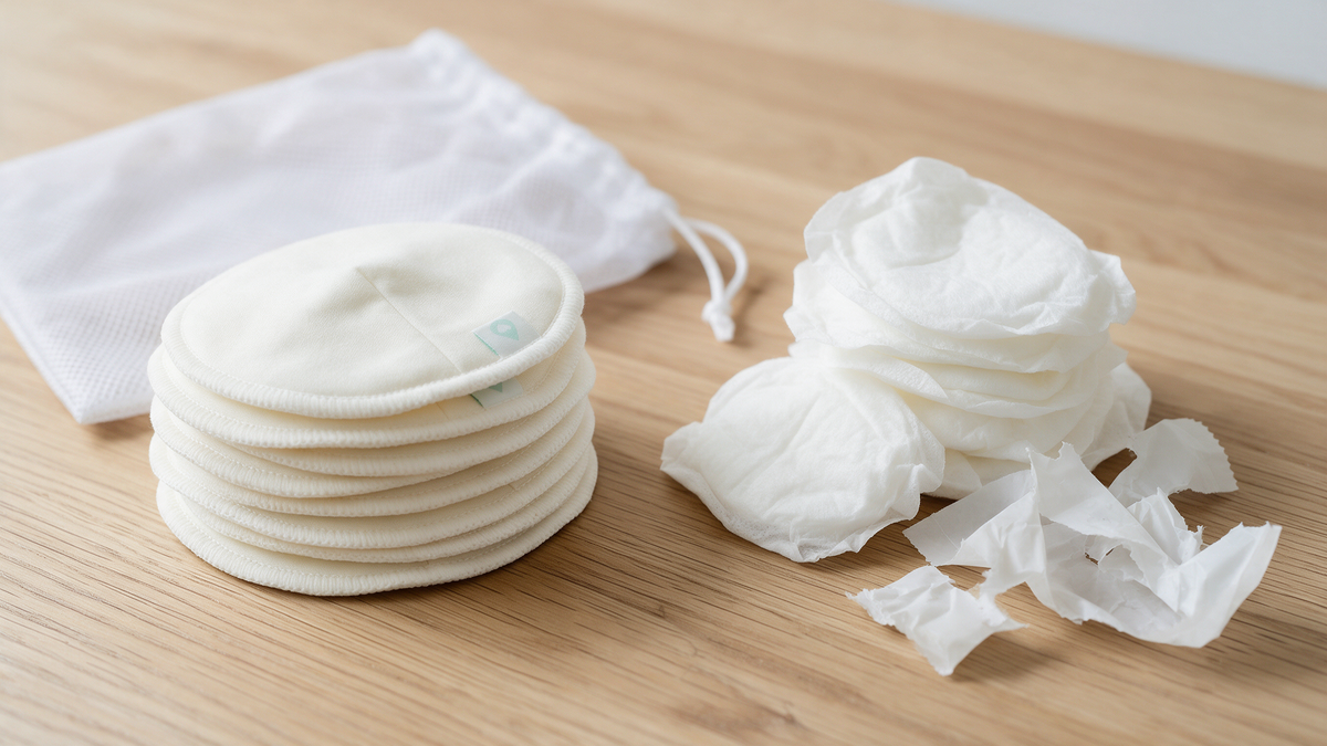 Turtees reusable bamboo nursing pads with a mesh laundry bag next to disposable nursing pads