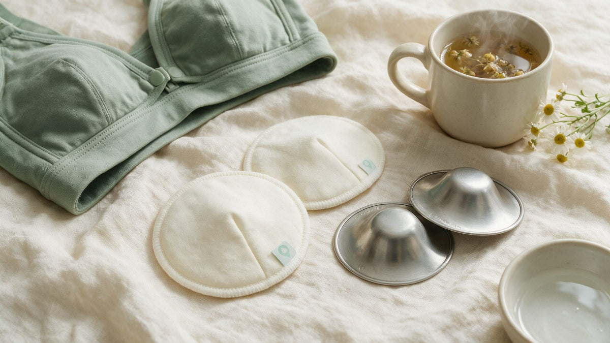 Turtees reusable bamboo nursing pads and silver nursing cups with herbal tea, relief for sore nipples