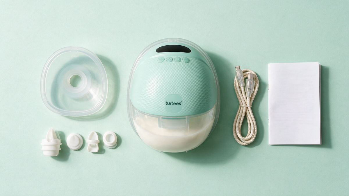 Turtees T20 wearable breast pump unboxed with flanges, valves and charging cable, T20 setup guide