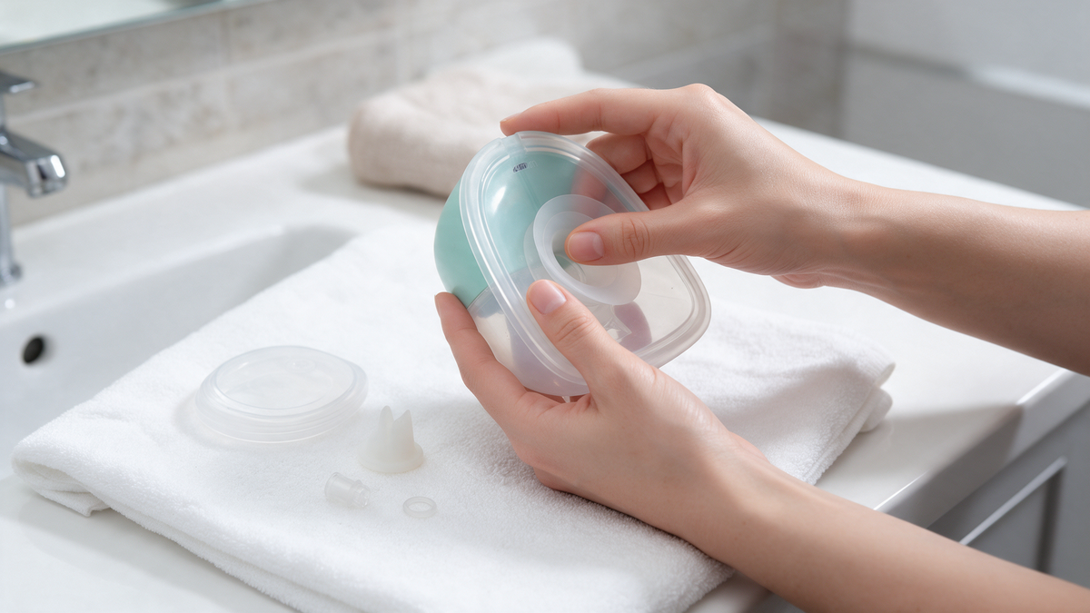 Hands reassembling a Turtees T20 wearable pump flange to fix a wearable breast pump losing suction