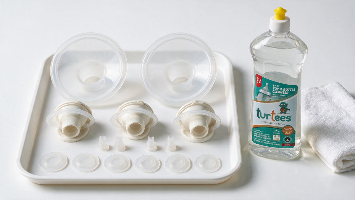 Breast pump valves, membranes and flanges on a tray with Turtees bottle cleanser, when to replace pump parts
